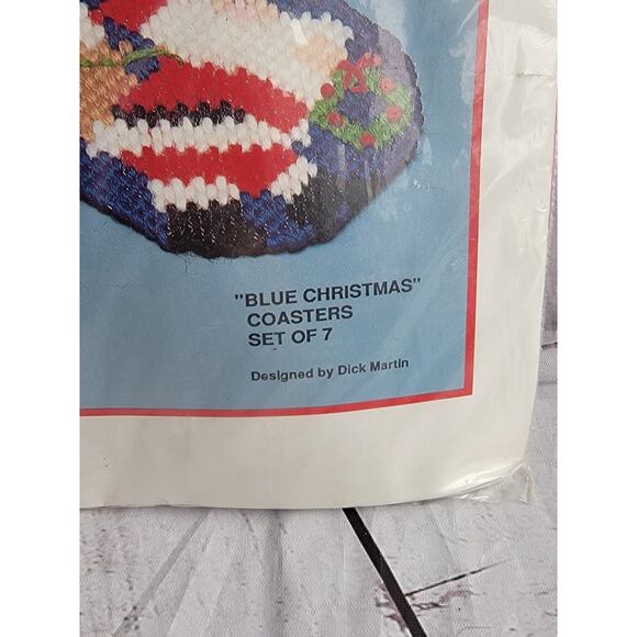 Bucilla Blue Christmas Coasters Set of 7 Pre-cut Plastic Canvas #61080 New - Picture 2 of 4